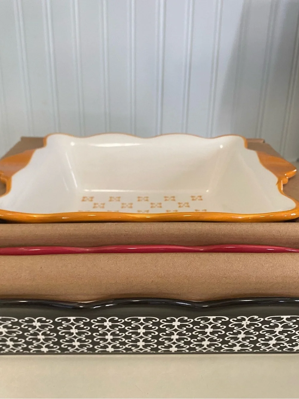 Set of 3 Stackable Festive Rectangle Ceramic Baking Dishes - Orange, Red, Black